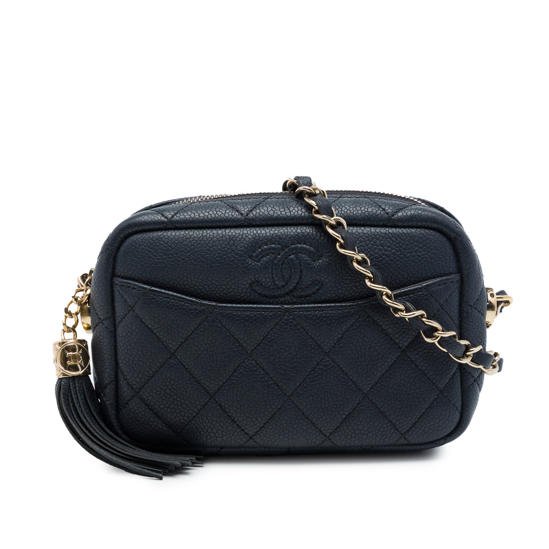 Chanel Matelassé Coco Pompon Camera Étui Mini Cuir caviar Noir – vue principale – GABY PARIS