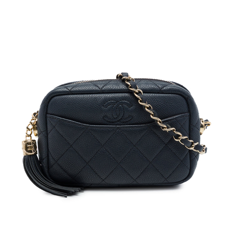 Chanel Matelassé Coco Pompon Camera Étui Mini Cuir caviar Noir – vue principale – GABY PARIS