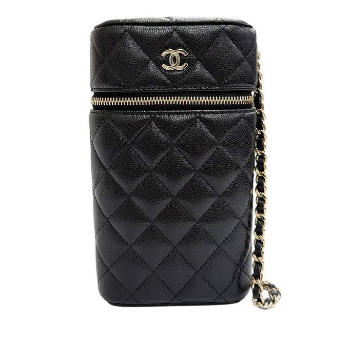 CC Matelassé Étui téléphone avec chaîne Cuir caviar Noir