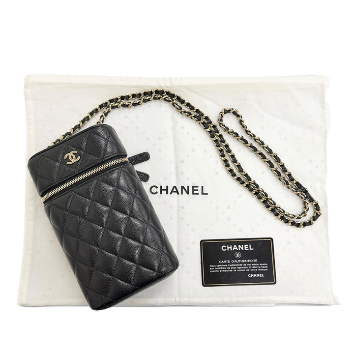 CC Matelassé Étui téléphone avec chaîne Cuir caviar Noir