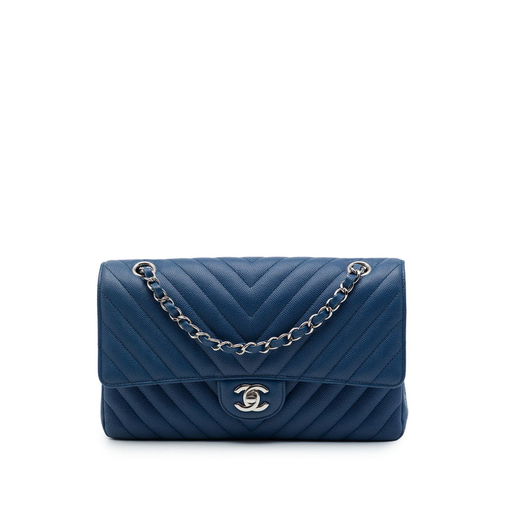 Chanel Classic Chevron Double rabat Moyen Cuir caviar Bleu