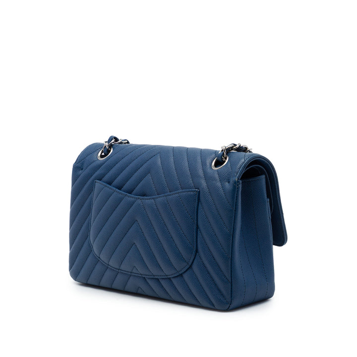 Chanel Classic Chevron Double rabat Moyen Cuir caviar Bleu