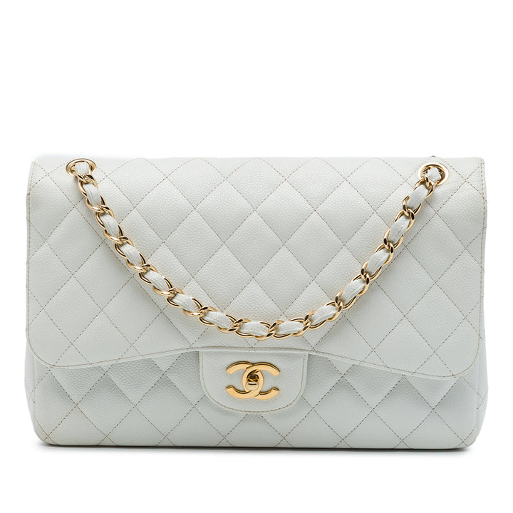 Chanel Classic Double rabat Jumbo Cuir caviar Blanc