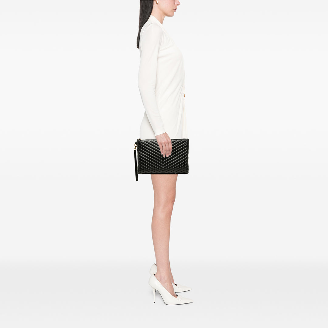 Saint Laurent Chevron Tablet Pochette Cuir de veau Noir