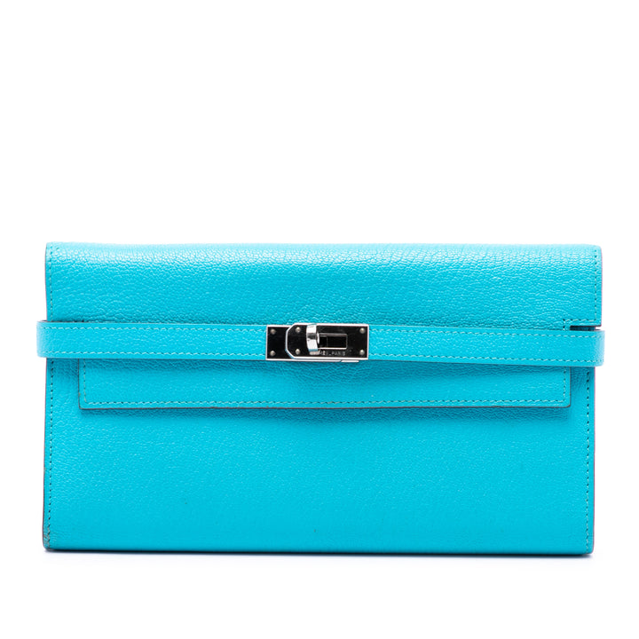 Hermès Portefeuille Chevre Mysore Kelly Longue Bleu – vue principale – GABY PARIS