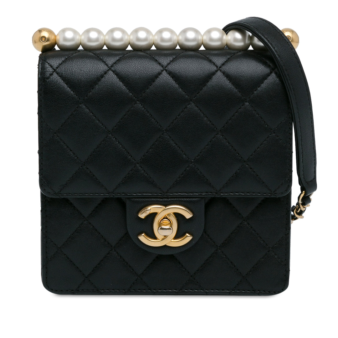 Small Lambskin Chic Pearls Flap Black - Gaby Paris