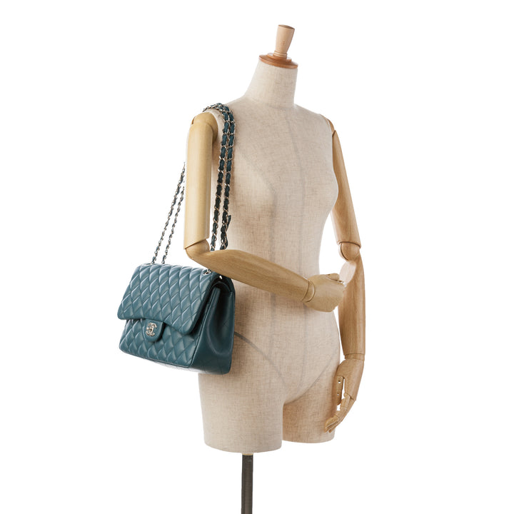 Jumbo Classic Lambskin Double Flap Blue - Gaby Paris