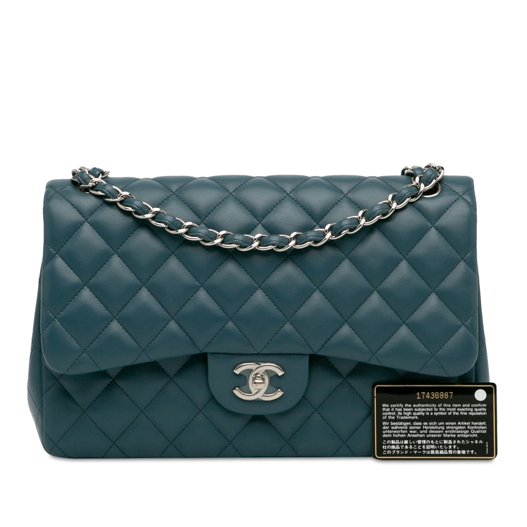 Jumbo Classic Lambskin Double Flap Blue - Gaby Paris