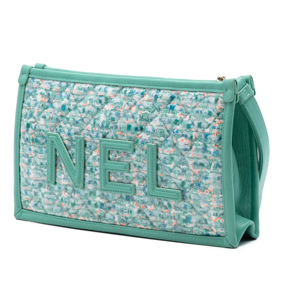 Chanel Matelassé Tweed PVC Logo Wristlet Pochette
