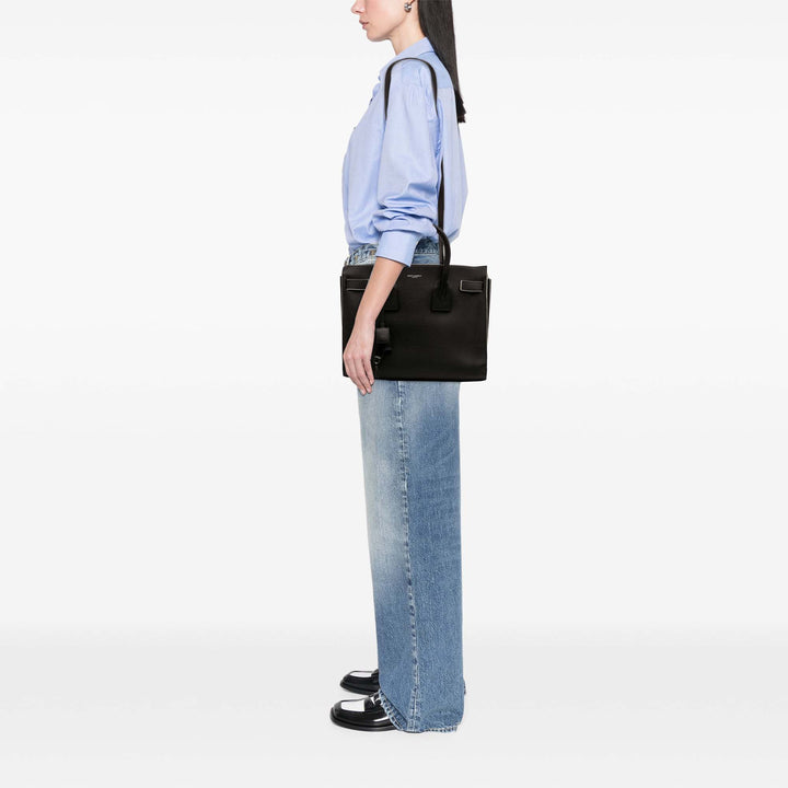 Small Grained Calfskin Topstitch Sac De Jour Satchel Black - Gaby Paris