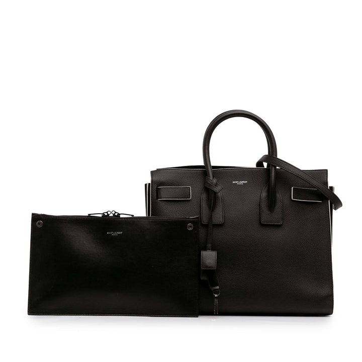 Small Grained Calfskin Topstitch Sac De Jour Satchel Black - Gaby Paris