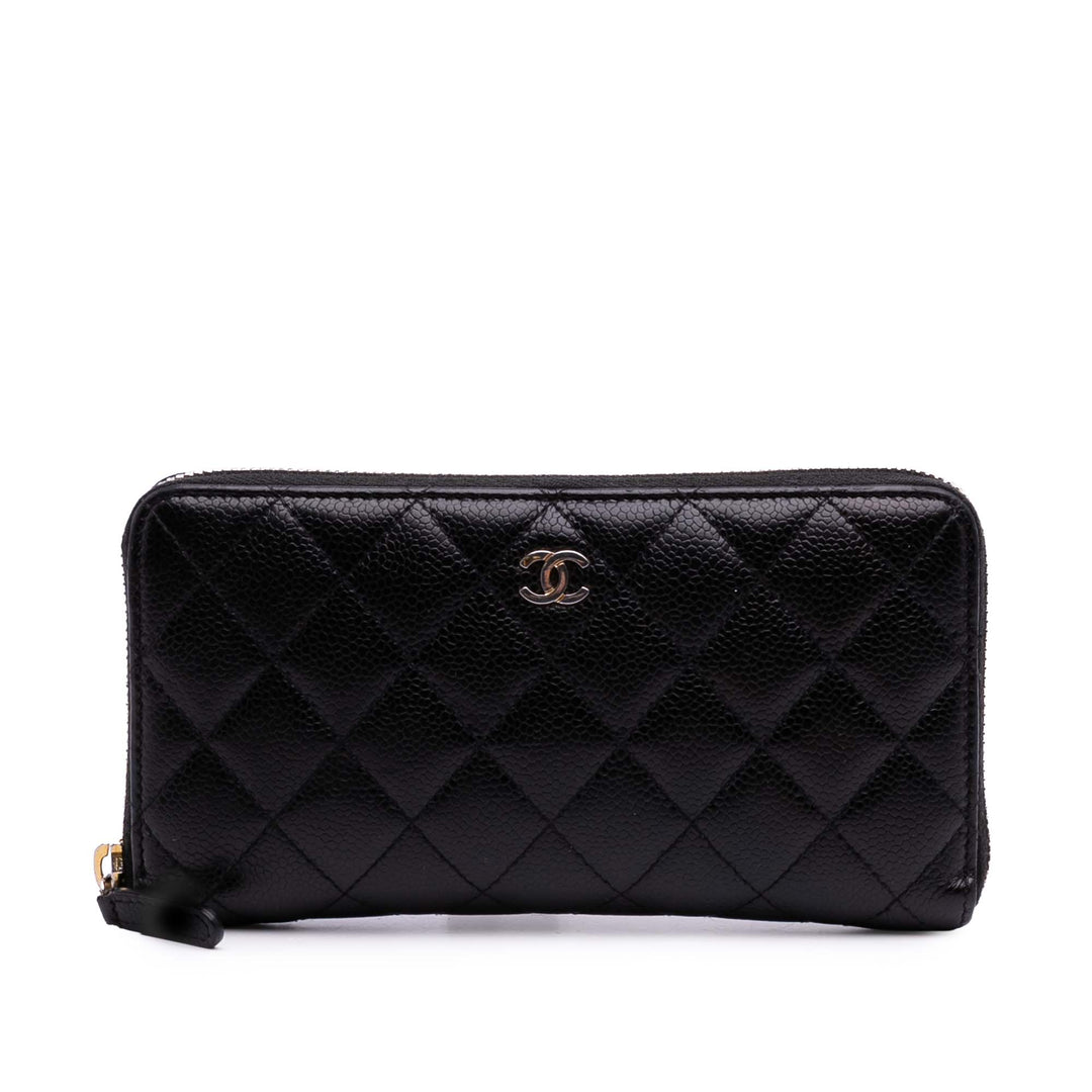CC Quilted Caviar Zip Around Long Wallet Black - Gaby Paris