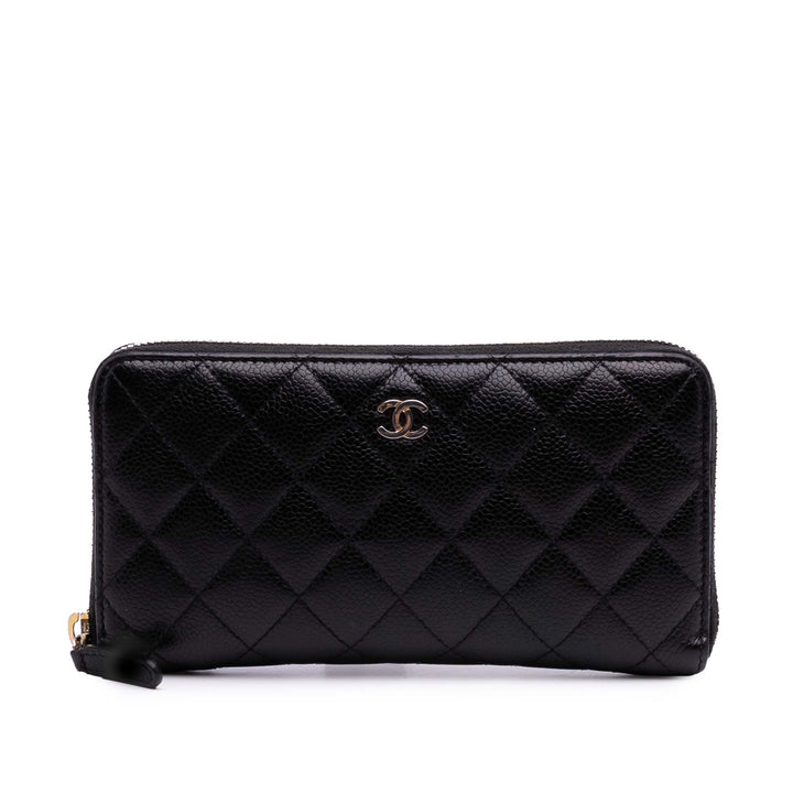 CC Quilted Caviar Zip Around Long Wallet Black - Gaby Paris