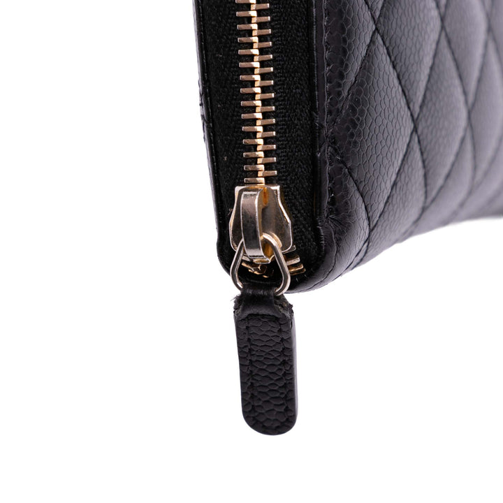 CC Quilted Caviar Zip Around Long Wallet Black - Gaby Paris