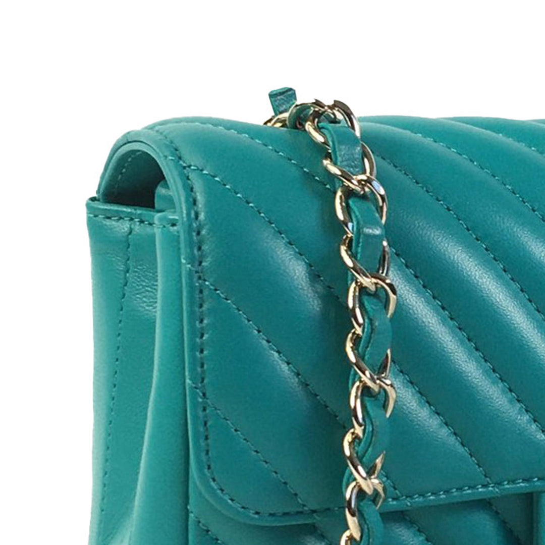 Mini Chevron Quilted Lambskin Rectangular Flap Green - Gaby Paris