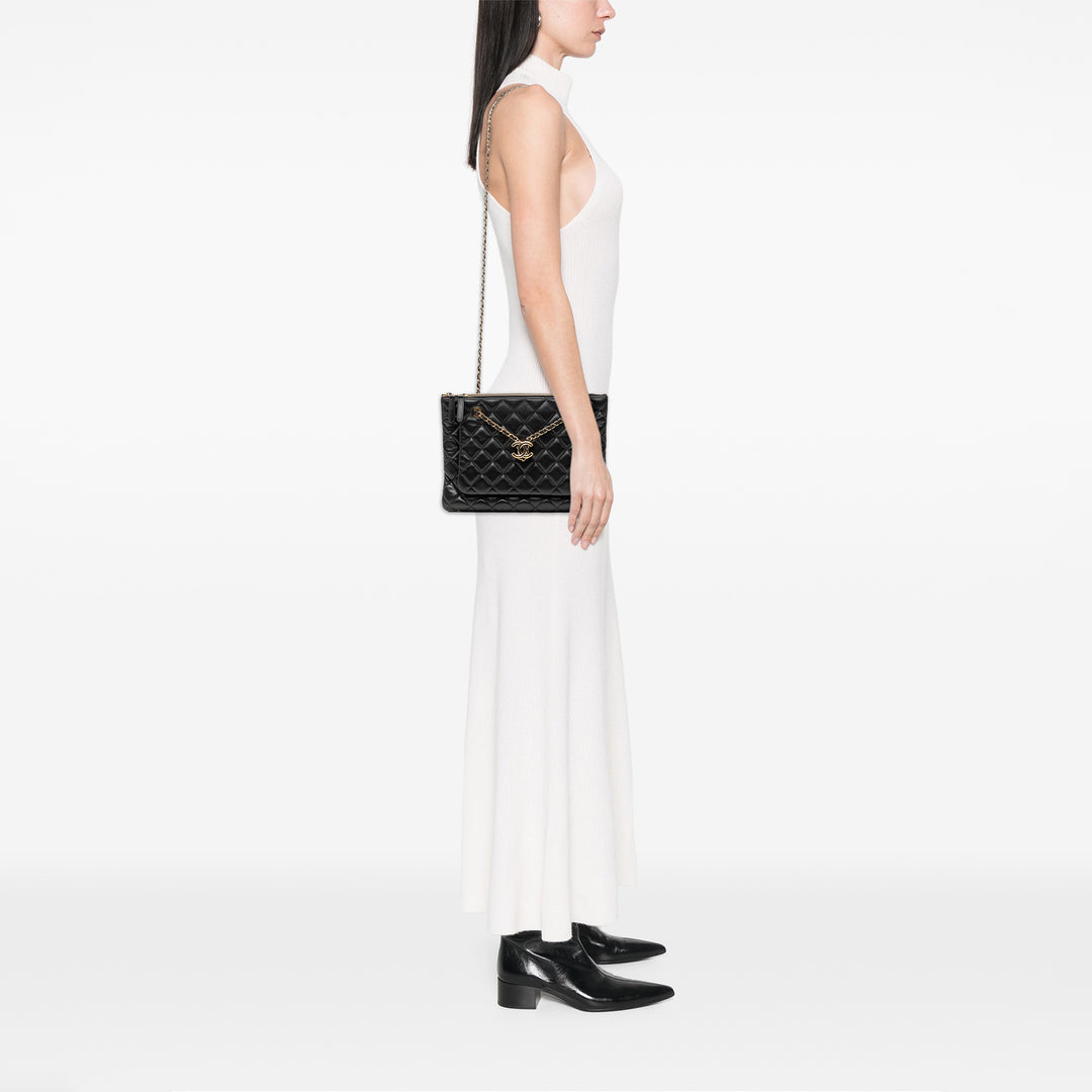 Chanel CC Matelassé Cuir d’agneau Double Zip Sac porté croisé