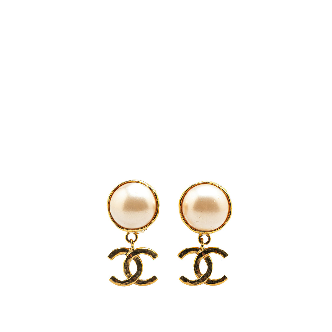 Chanel Gold Plated CC Faux Pearl Clip On Earrings Gold - GABY PARIS