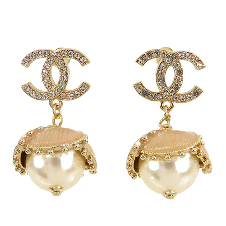 Chanel Gold Plated CC Rhinestone And Pearl Drop Push Back Earrings Gold - GABY PARIS