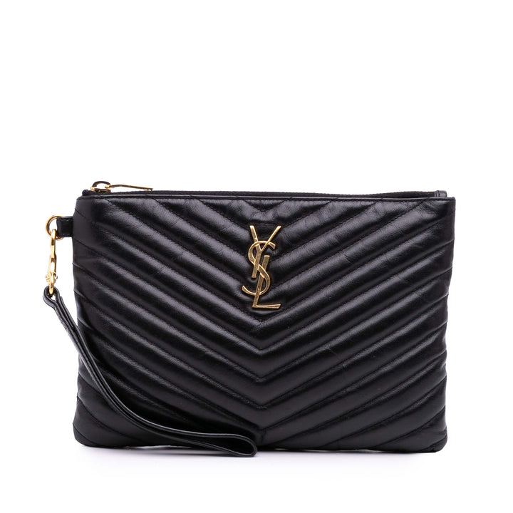 Saint Laurent Chevron Cuir Monogram Zip A5 Wristlet Pochette Noir
