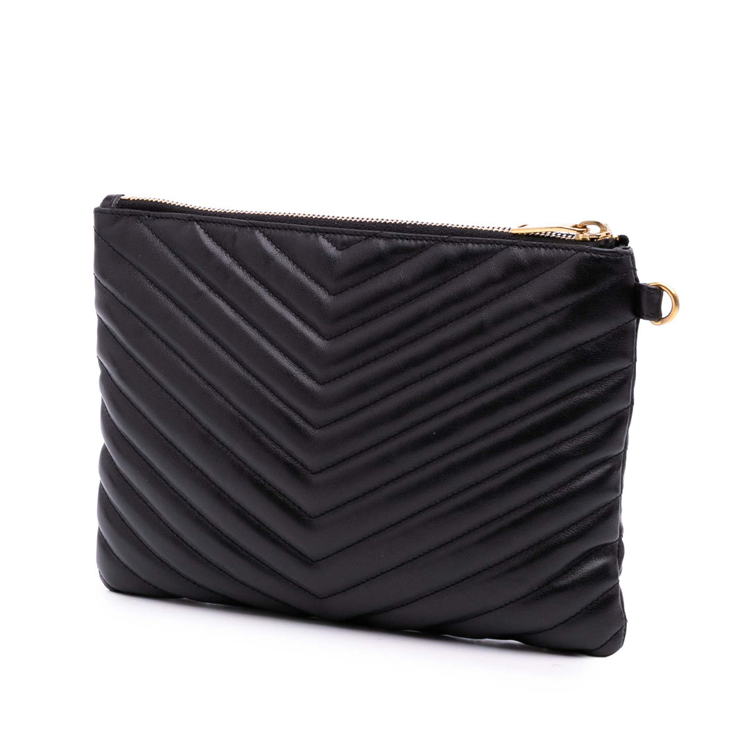 Saint Laurent Chevron Cuir Monogram Zip A5 Wristlet Pochette Noir