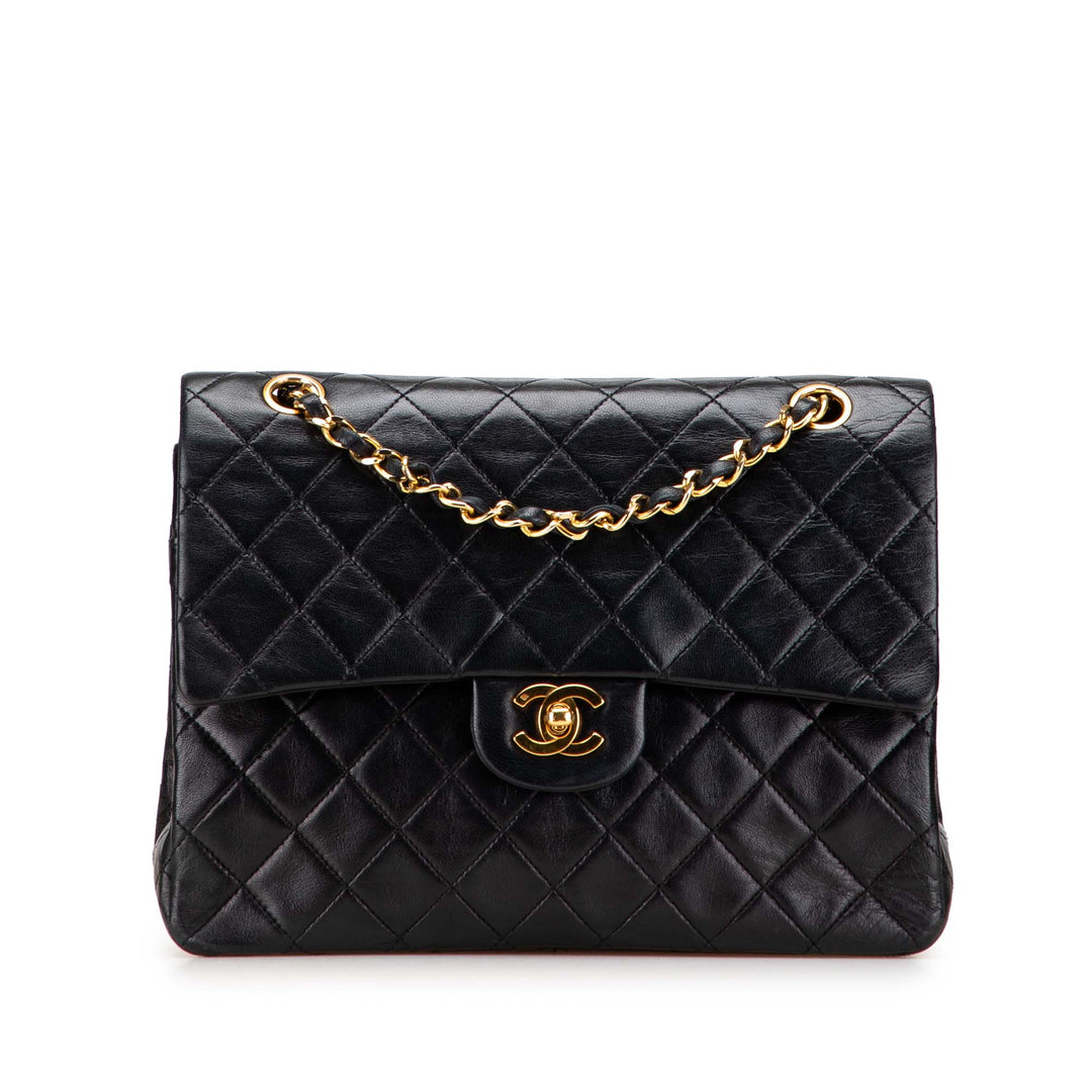 Medium Tall Classic Lambskin Double Flap Black - Gaby Paris