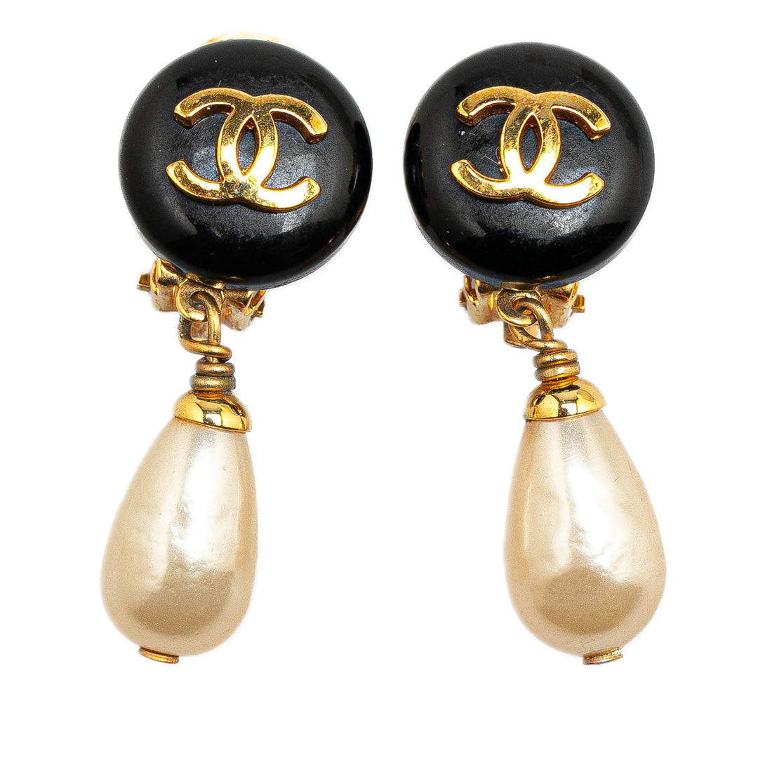 Gold Plated Faux Pearl CC Drop Clip On Earrings Gold - Gaby Paris