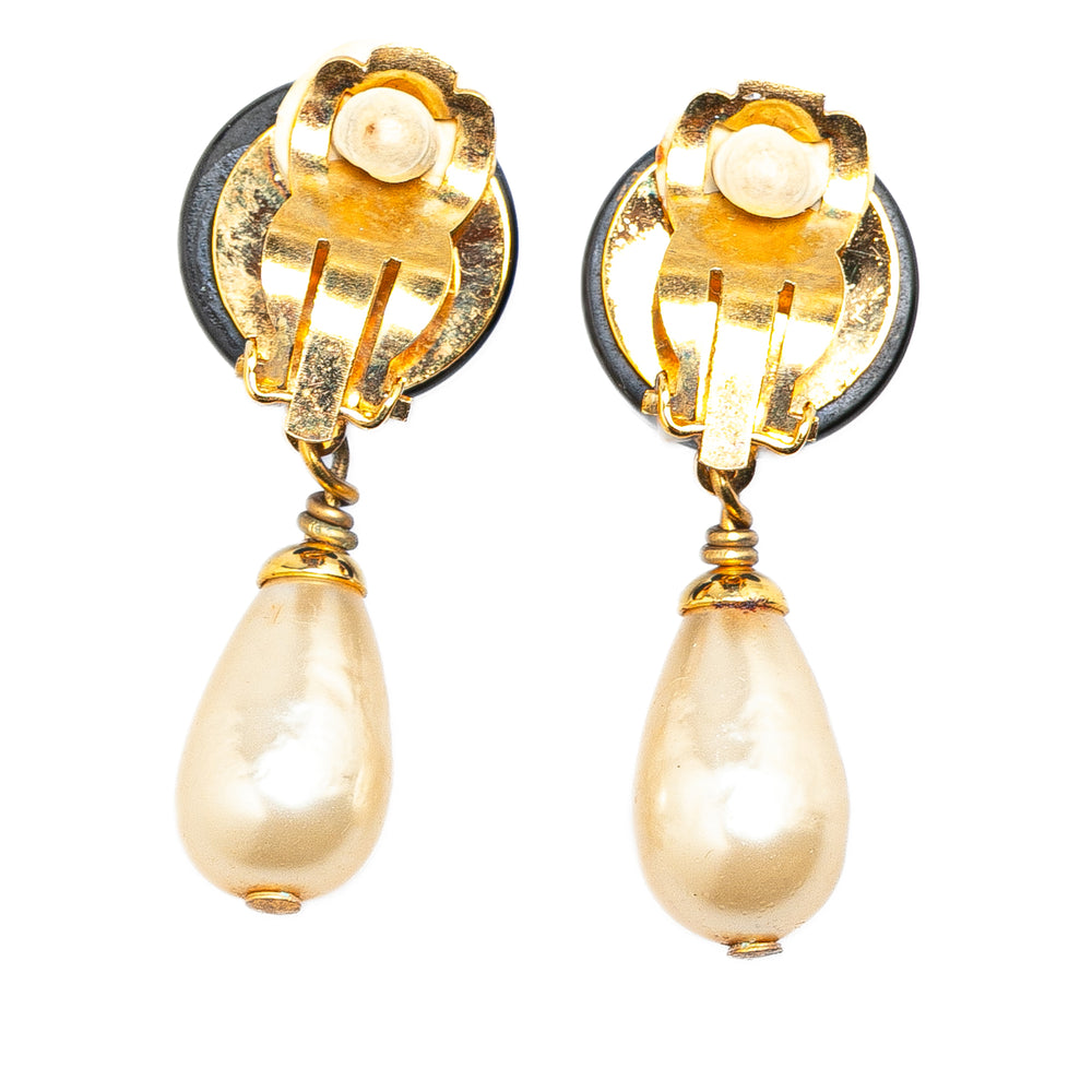 Gold Plated Faux Pearl CC Drop Clip On Earrings Gold - Gaby Paris