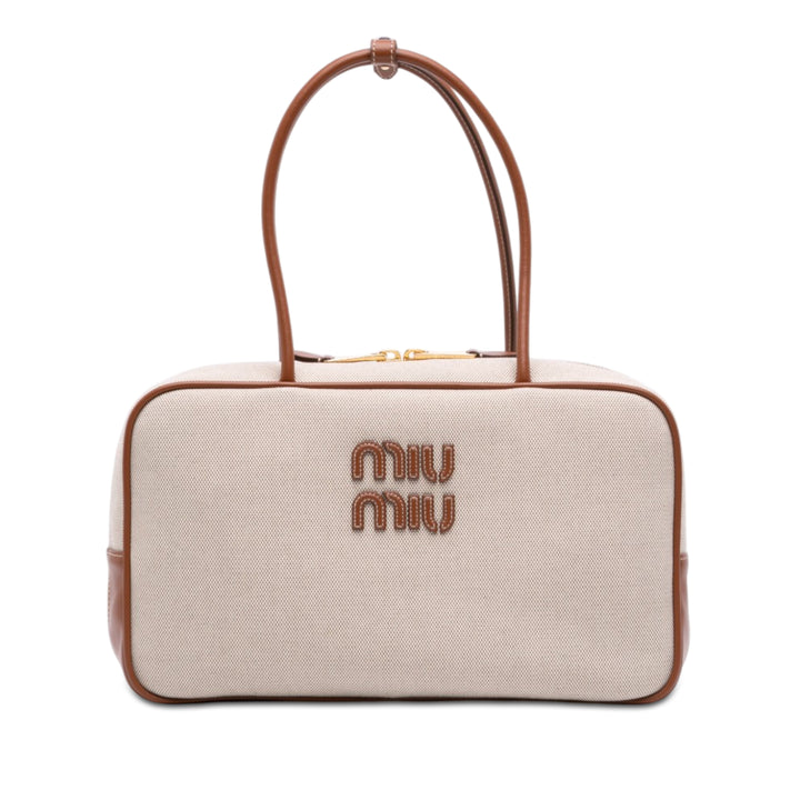 Miu Miu Large Toile et Cuir Logo Beau Sac à main