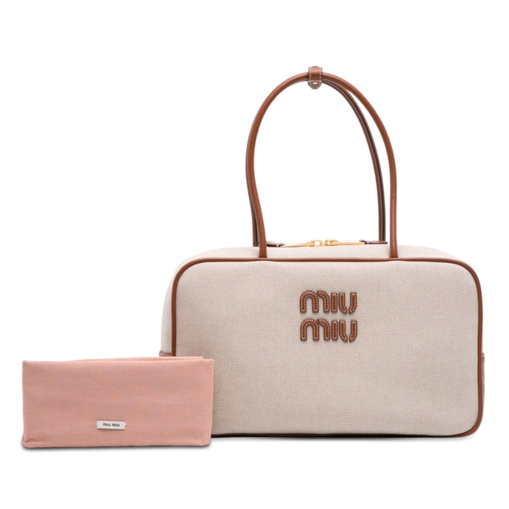 Miu Miu Large Toile et Cuir Logo Beau Sac à main