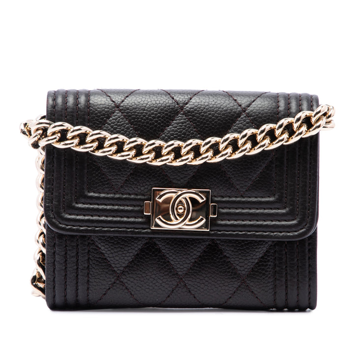 Chanel Matelassé Boy Porte-cartes avec chaîne Cuir caviar Marron