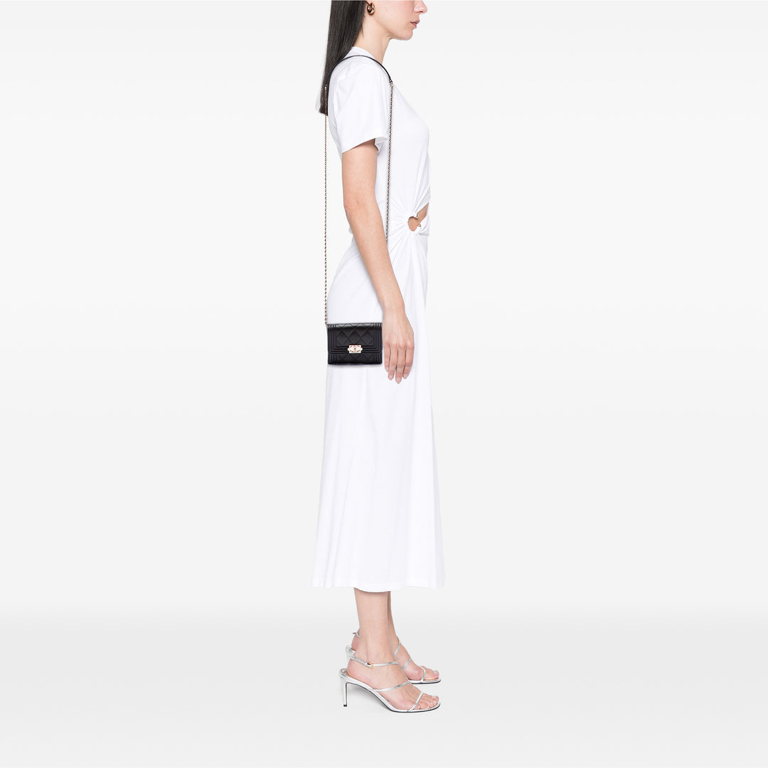 Chanel Matelassé Boy Porte-cartes avec chaîne Cuir caviar Marron