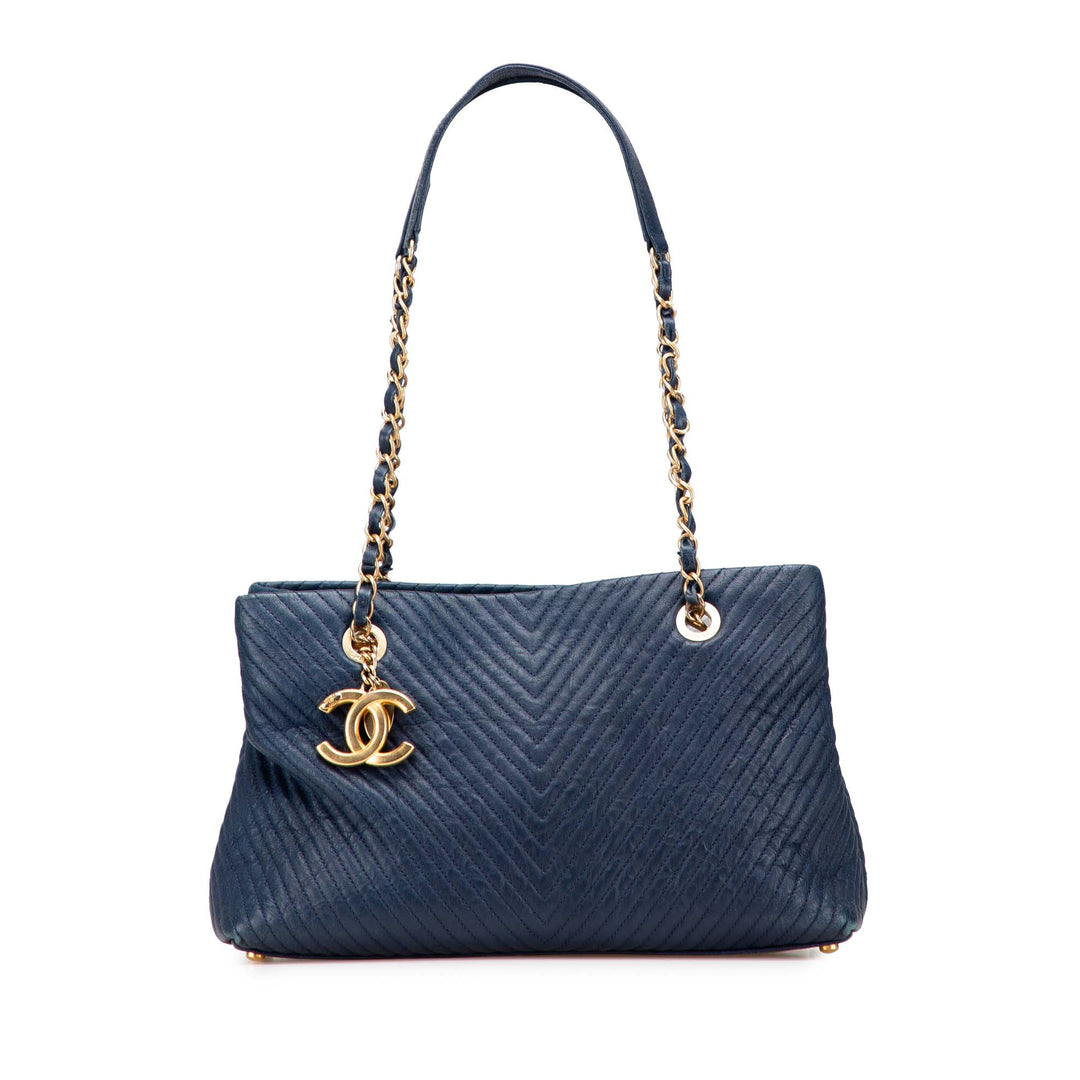 Medium Chevron Wrinkled Lambskin Medallion Charm Tote Blue - Gaby Paris
