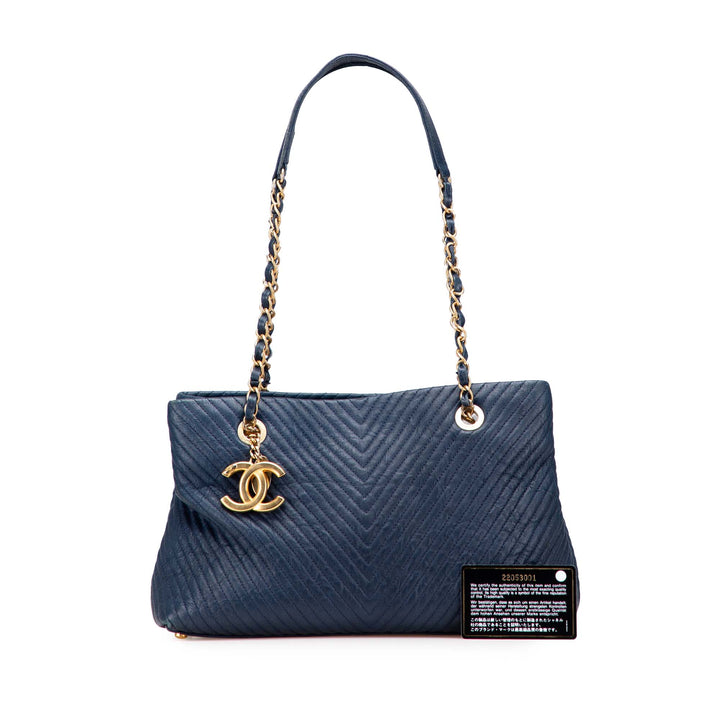 Medium Chevron Wrinkled Lambskin Medallion Charm Tote Blue - Gaby Paris
