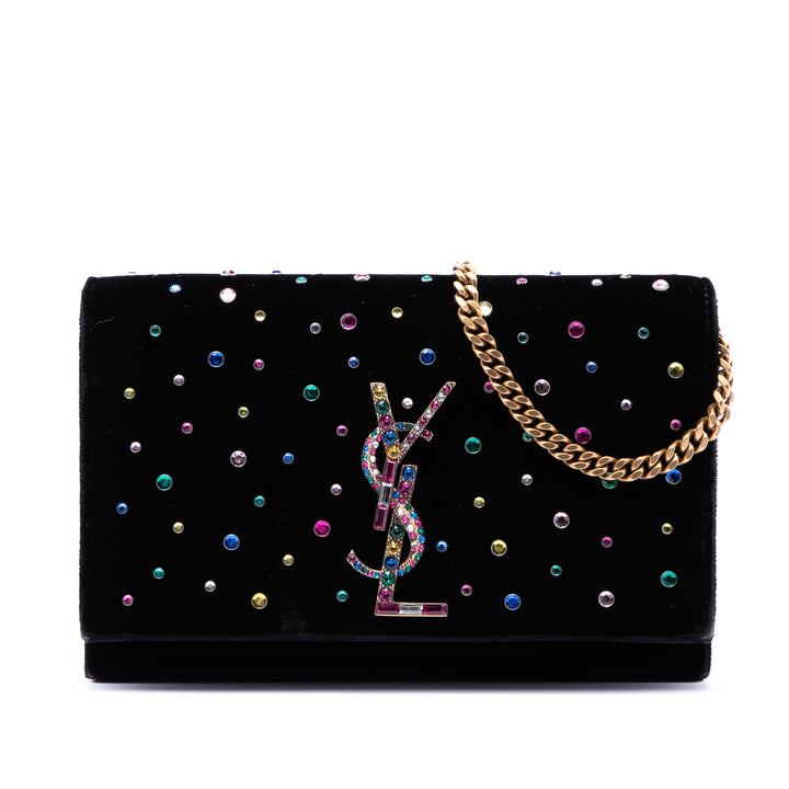 Saint Laurent Cristal Embellished Velours Monogram Kate Wallet on Chain