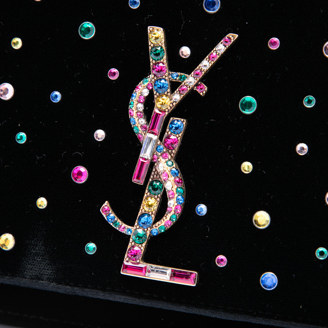 Saint Laurent Cristal Embellished Velours Monogram Kate Wallet on Chain