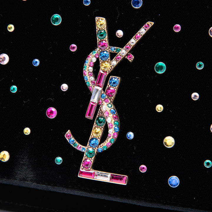 Saint Laurent Cristal Embellished Velours Monogram Kate Wallet on Chain