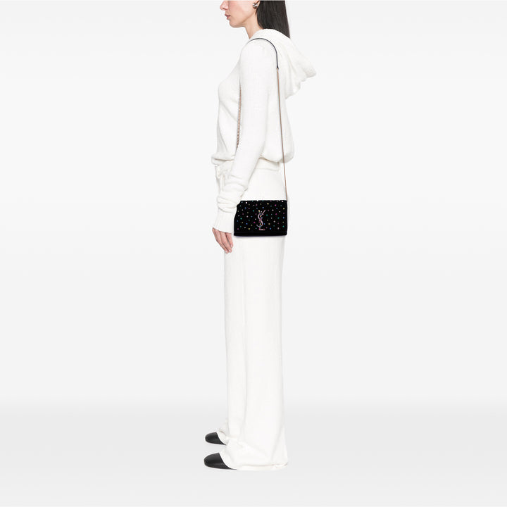 Saint Laurent Cristal Embellished Velours Monogram Kate Wallet on Chain