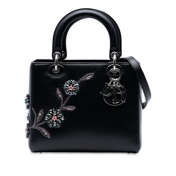 Dior Medium Smooth Cuir de veau Embroidered Beaded Floral Lady Dior Noir