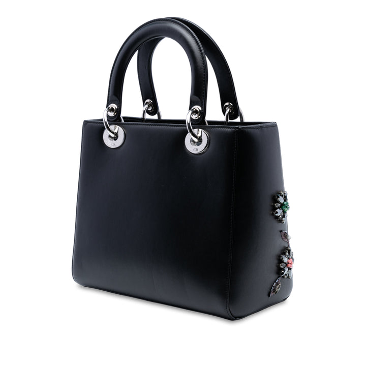 Dior Medium Smooth Cuir de veau Embroidered Beaded Floral Lady Dior Noir