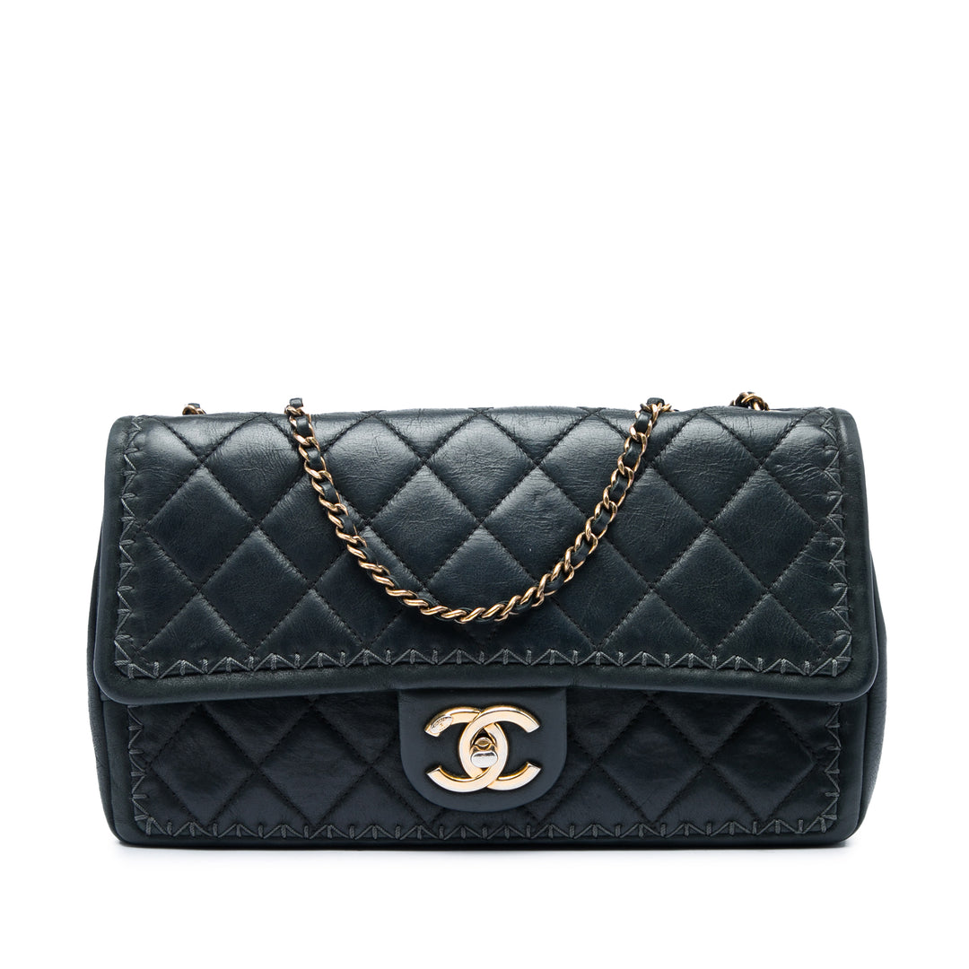 CC Matelassé Irisé Whipstitch Rabat simple Cuir de veau Noir