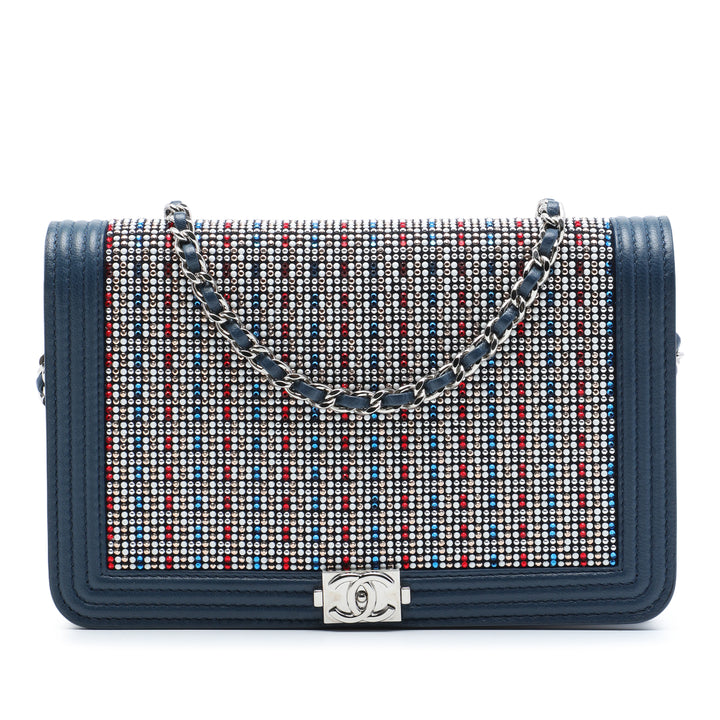 Cristal Orné Boy Wallet on Chain Cuir d'agneau Bleu