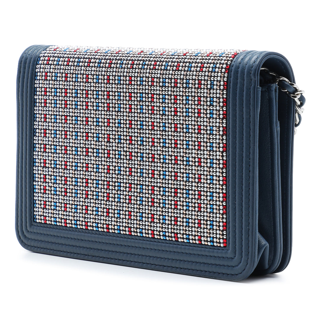 Cristal Orné Boy Wallet on Chain Cuir d'agneau Bleu