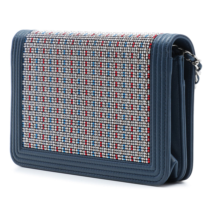 Cristal Orné Boy Wallet on Chain Cuir d'agneau Bleu