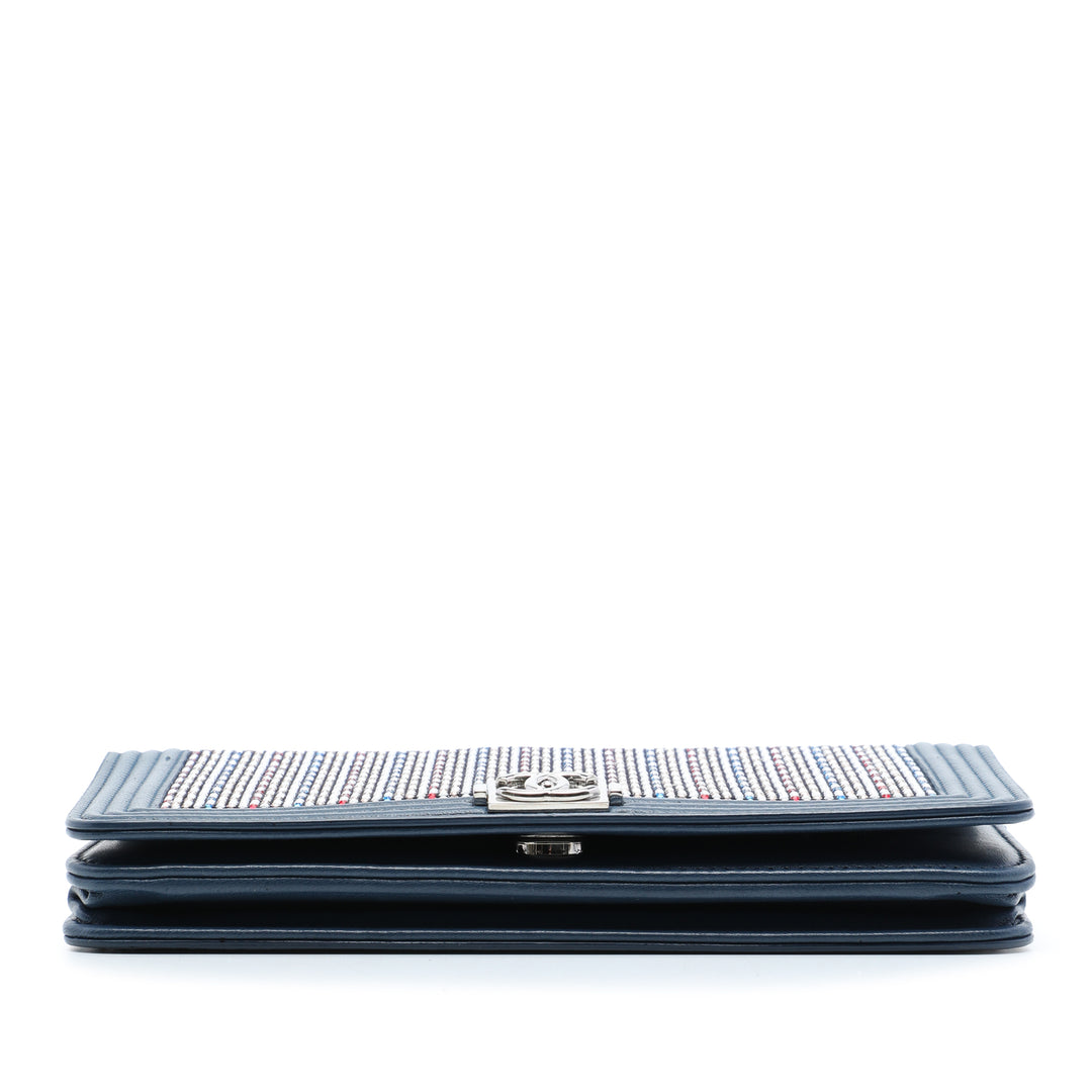 Cristal Orné Boy Wallet on Chain Cuir d'agneau Bleu