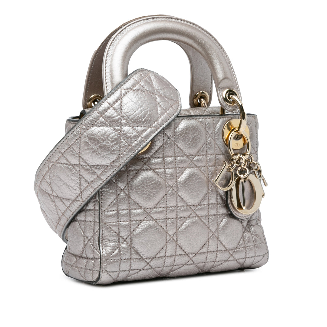 Dior Mini Metallic Calfskin Cannage Supple Lady Dior Silver - GABY PARIS