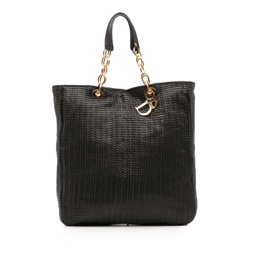 Large Woven Lambskin Lady Dior Soft Shopping Tote Black - Gaby Paris