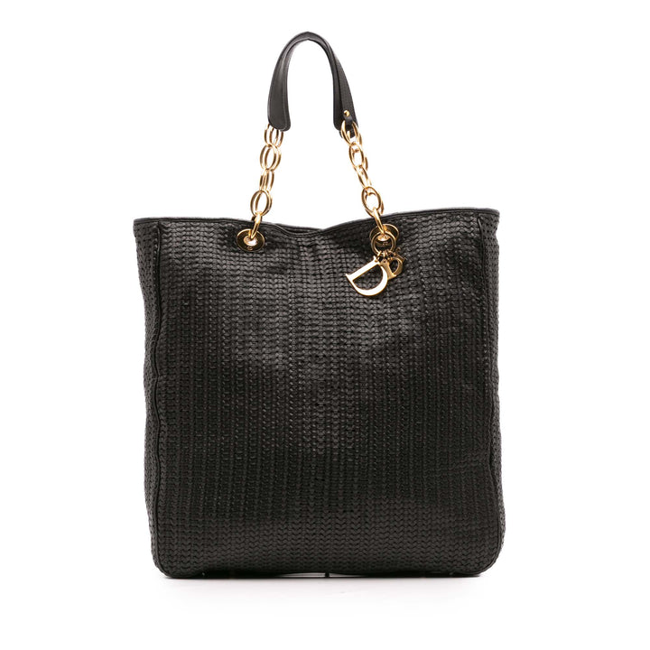 Large Woven Lambskin Lady Dior Soft Shopping Tote Black - Gaby Paris