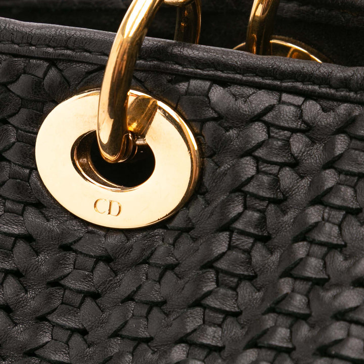 Large Woven Lambskin Lady Dior Soft Shopping Tote Black - Gaby Paris