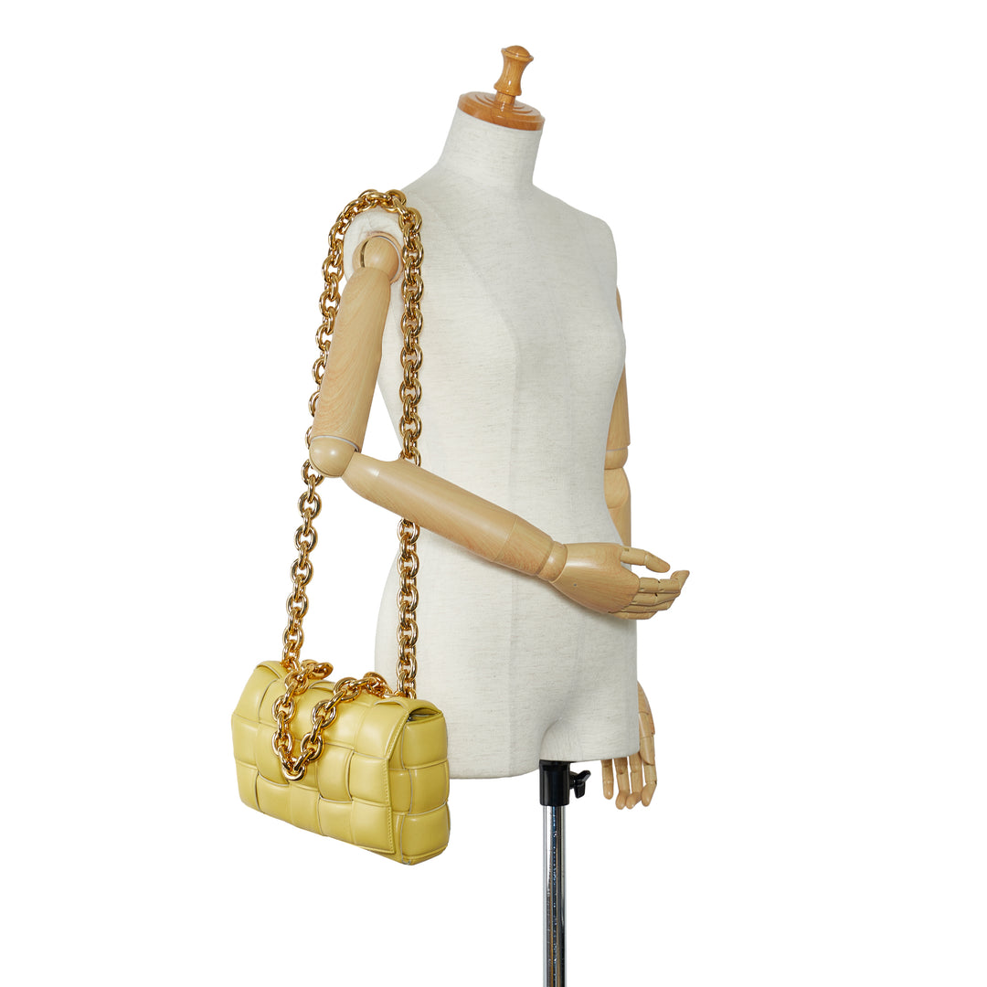 Calfskin Intrecciato Padded Chain Cassette Satchel Yellow - Gaby Paris