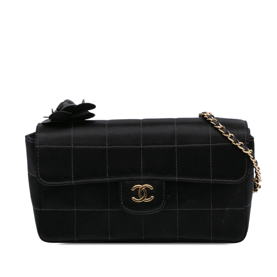 Mini Choco Bar Quilted Satin Camellia Flap Black - Gaby Paris